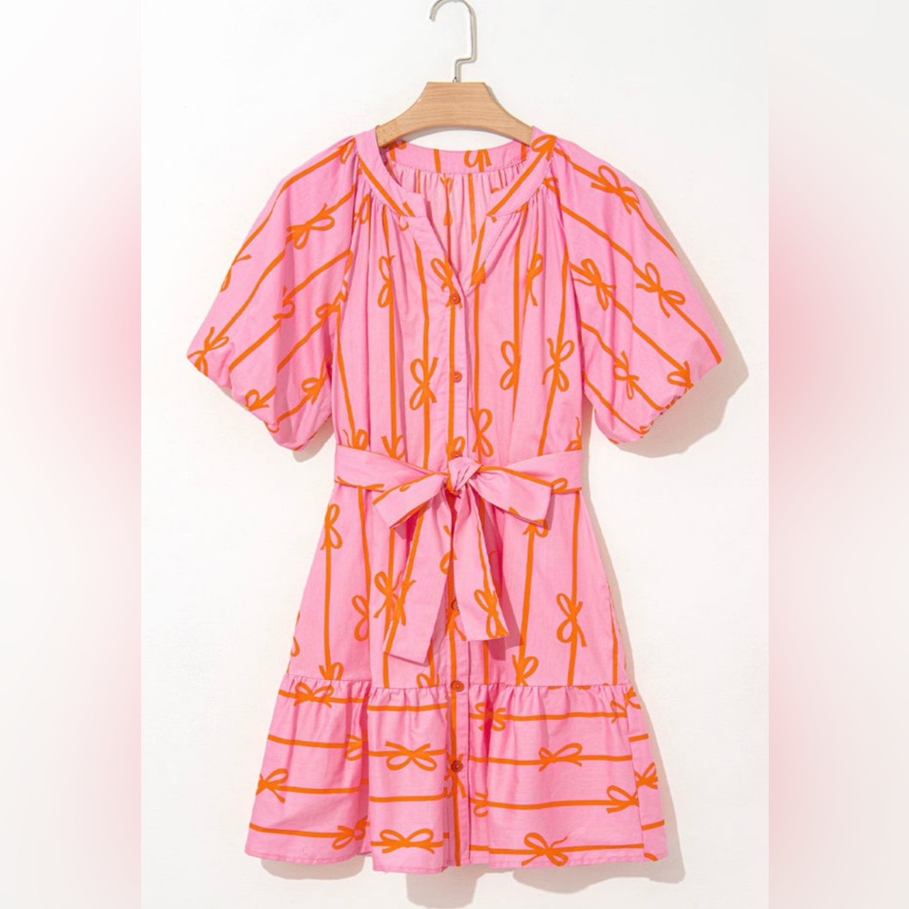 NWT! Adorable Pink and Orange Bow Print Dress! 💕 - Picture 3 of 7